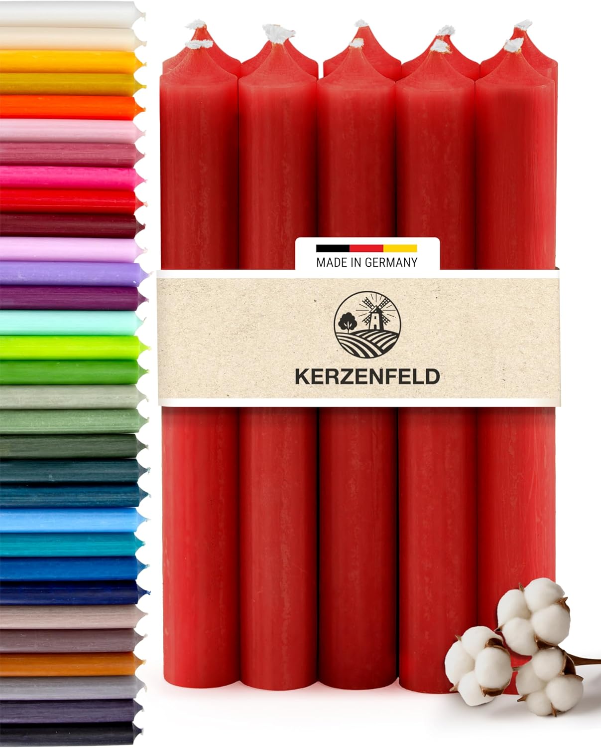 Stabkerzen Rot, 10 Stück, 180mm x 22mm, Durchgefärbte Spitzkerzen, 8+ Stunden Brenndauer, Made in Germany - Ohne Tropfen & Rußen - Unparfümierte und RAL-Zertifizierte Tafelkerzen