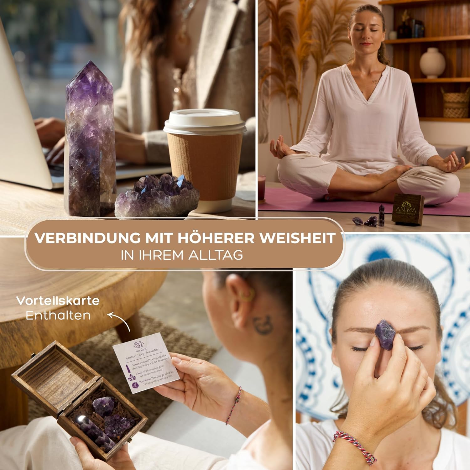 Anima Premium Amethyst Stone Set - Amethyst Tower, Cluster and Raw Crystal - Large Crystals and Healing Stones in Wooden Box - Ideal Spiritual Gift for Women for Meditation and Restful Sleep