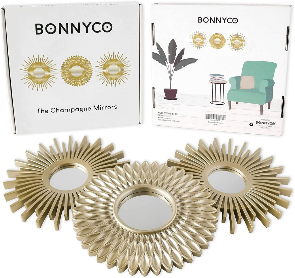BONNYCO Spiegel Rund Gold 3 Stück Spiegel Klein Wanddeko Wohnzimmer Haus Schlafzimmer | Wandspiegel zum Aufhängen Deko | Dekorative Wandspiegel Vintage,Originelles Geschenk für Frauen Mama