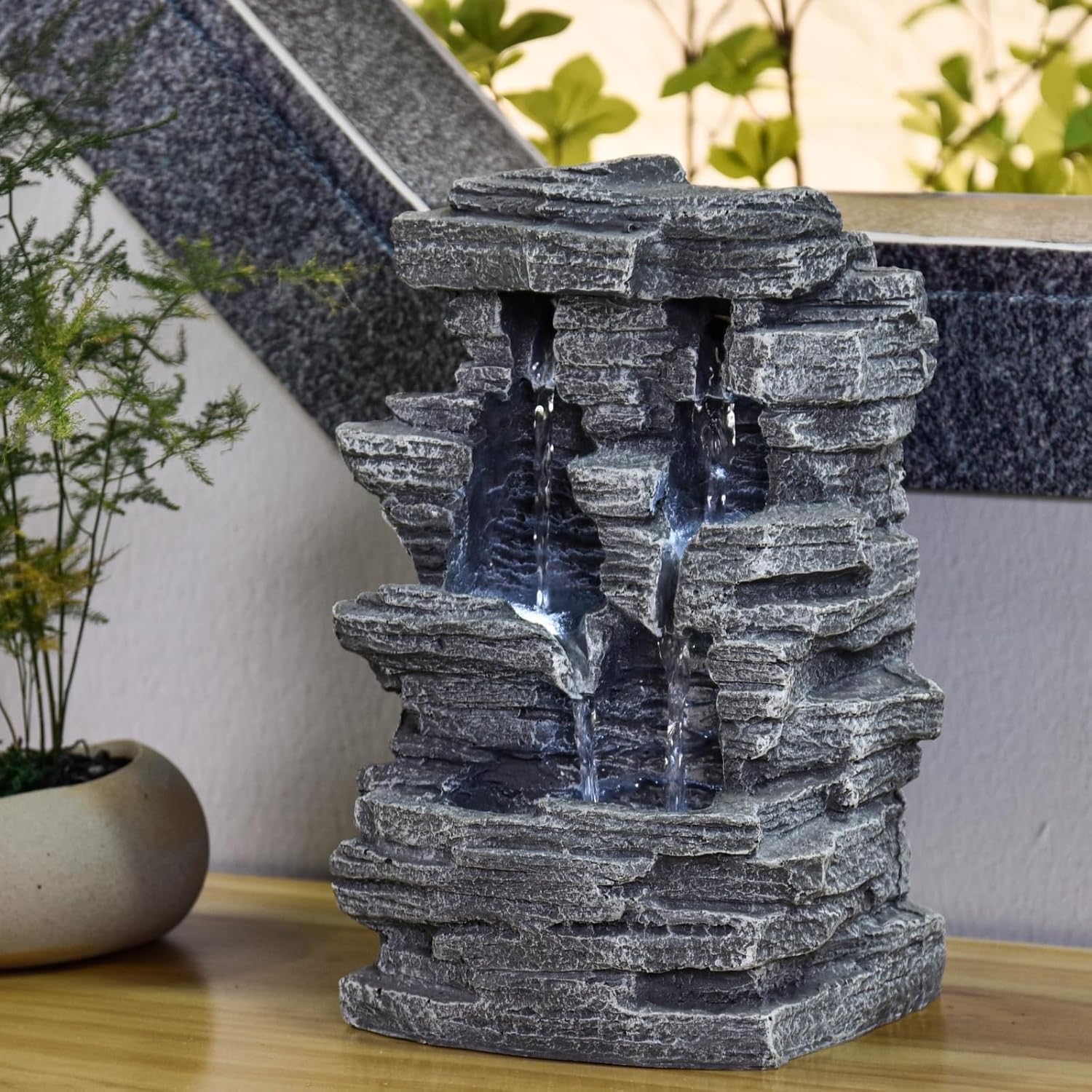 Zen'Light - Zimmerbrunnen Grand Canyon - Wasserfall in Steinoptik - Weiße LED-Beleuchtung - Moderne Zen Deko, Ideal für Meditation & Entspannung - Feng Shui - H 28cm, Grau