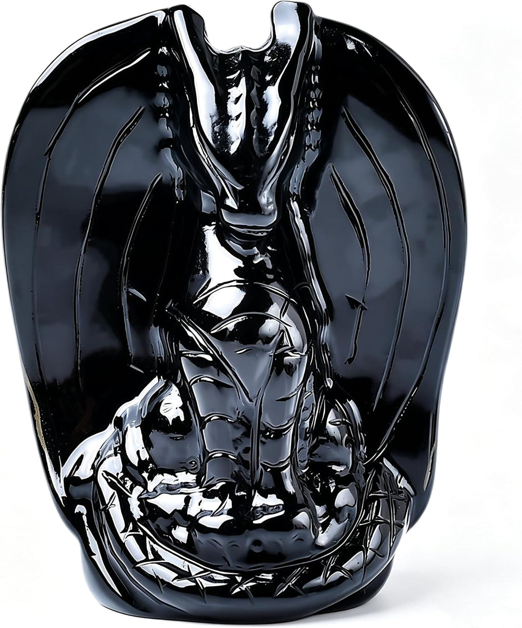 Natural Black Obsidian Dragon Statue – 2" Hand-Carved Crystal Collectible Figurine, Animal Sculpture for Desk, Office & Home Décor, Unique Spiritual Protection Gift for Men and Women