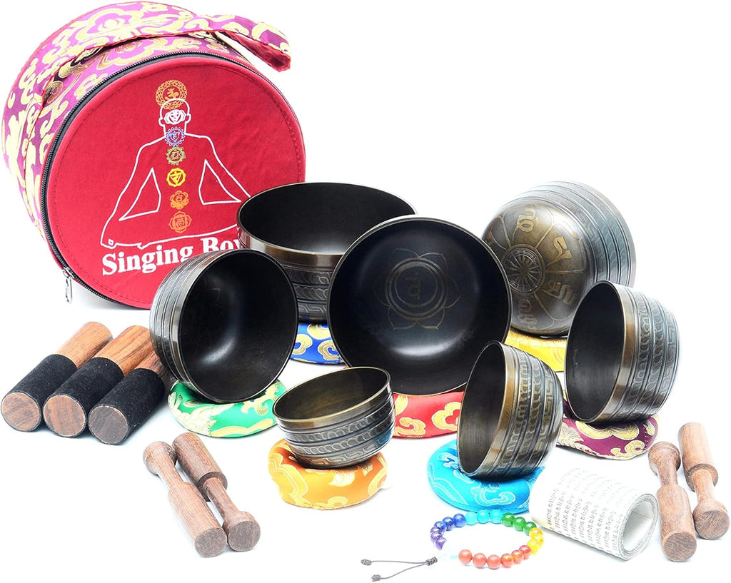 THE NEPAL Klangschalen-Sets von 7 Handgefertigte tibetische Chakra-Heilklangschale für Meditation, Klang, Frieden, Achtsamkeit, Yoga, sieben Chakra-Schalen