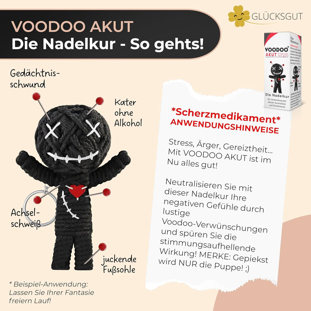 Voodoo Puppe mit Nadeln | 7,5cm | Geschenkbox & Anleitung | Scherz-Medikament | Büro Geschenk für Kollegen Kollegin Chef | Anti Stress | Abschied | Büro Uni Studium