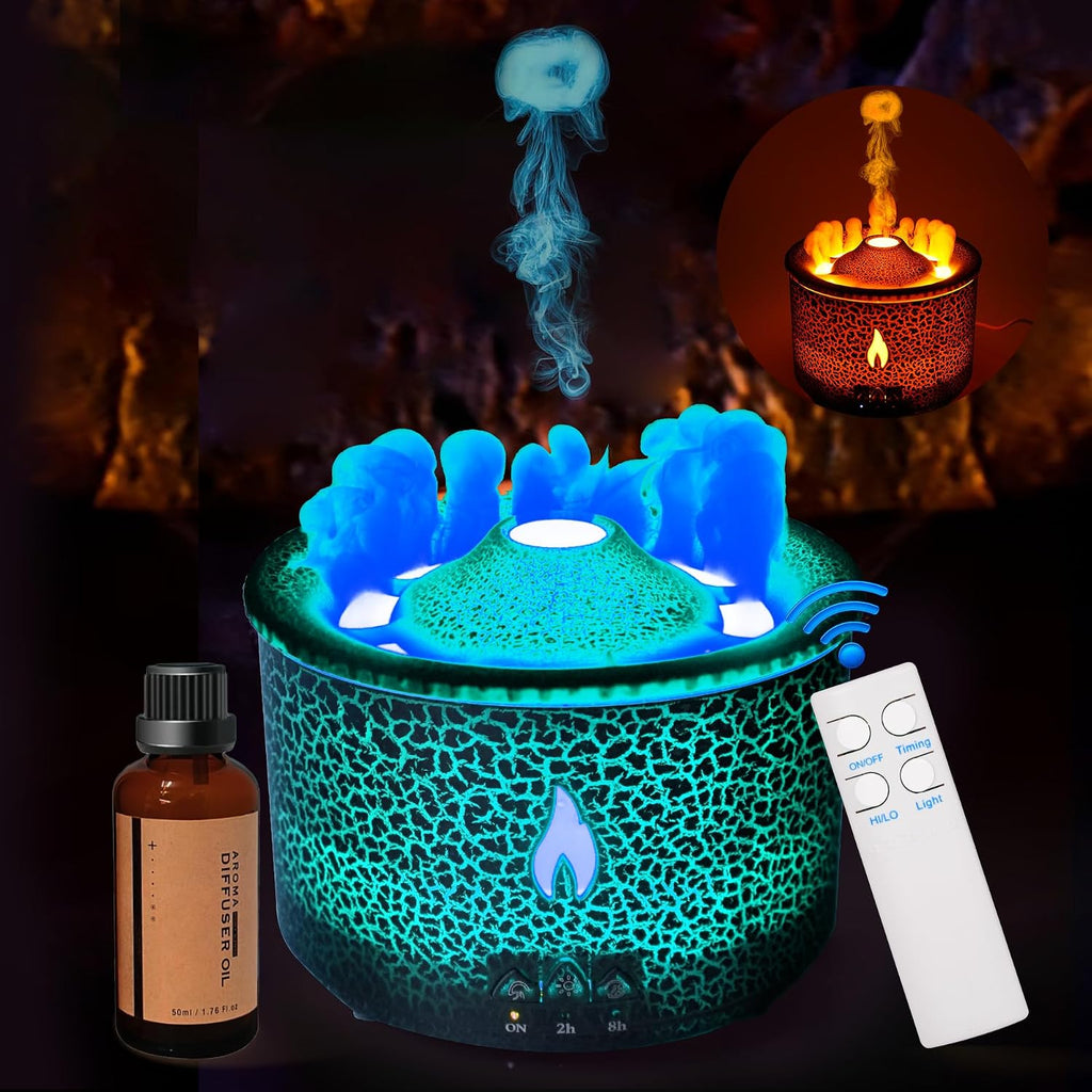 BOHOFAM Aroma Essential Oil Diffuser 360 ML,Volcano and Flame Diffuser/Humidifier,give1.76 oz Hotel Collection Essential Oils,Blue/red Light Selection,Diffusers for Home,Large Room(Black Cracks)