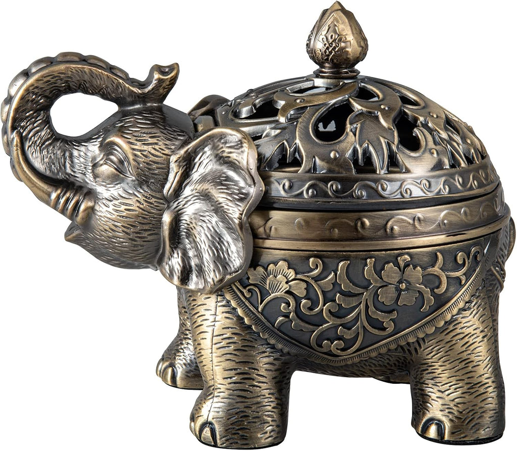 Feyarl Räuchergefäß Vintage Räucher- Elefant Metall Weihrauchbrenner Räucherstäbchenhalter mit Deckel für Hause Büro Yoga Dekoration