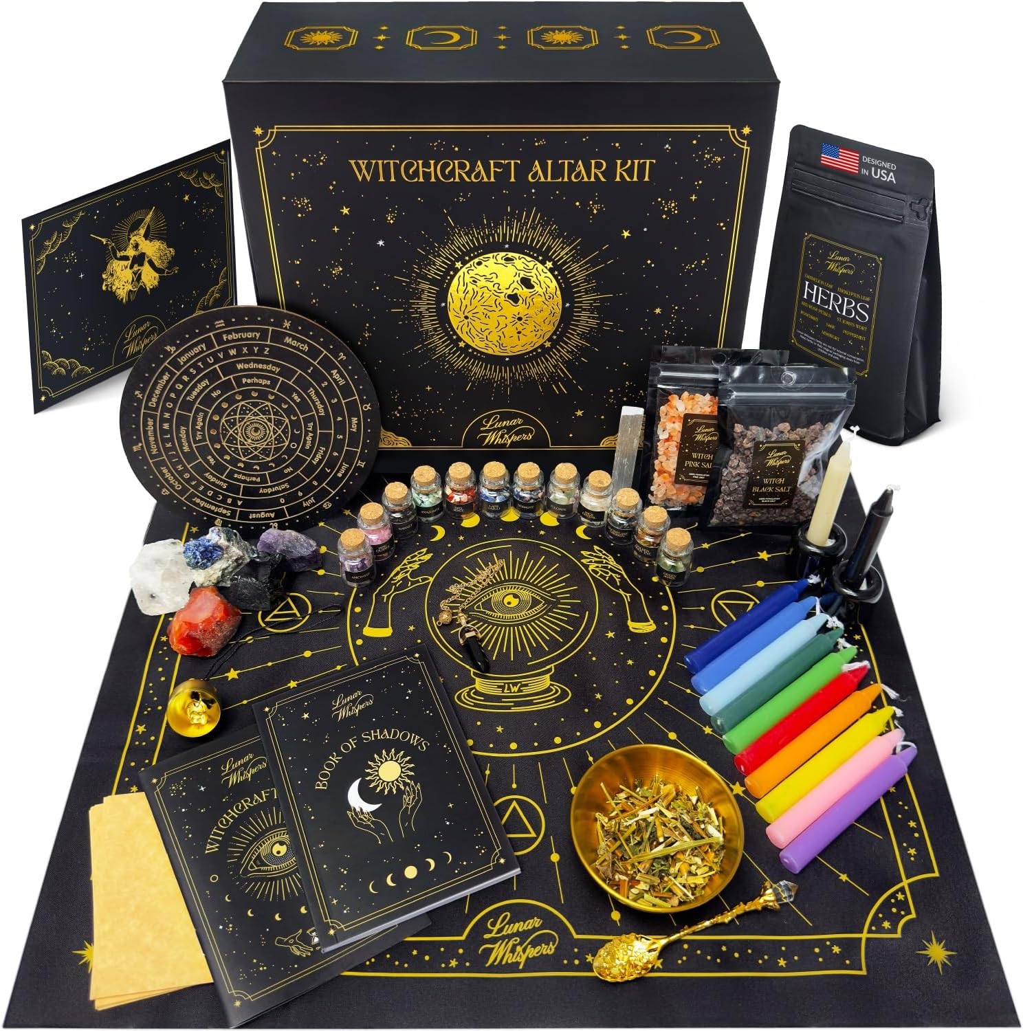 Großes Hexerei-Set 70-teilig – Premium Hexen-Kit für Anfänger – Wicca-Zubehör und Werkzeuge – Altarbild, Kristalle, Edelsteine, Kräuter, Zauberkerzen