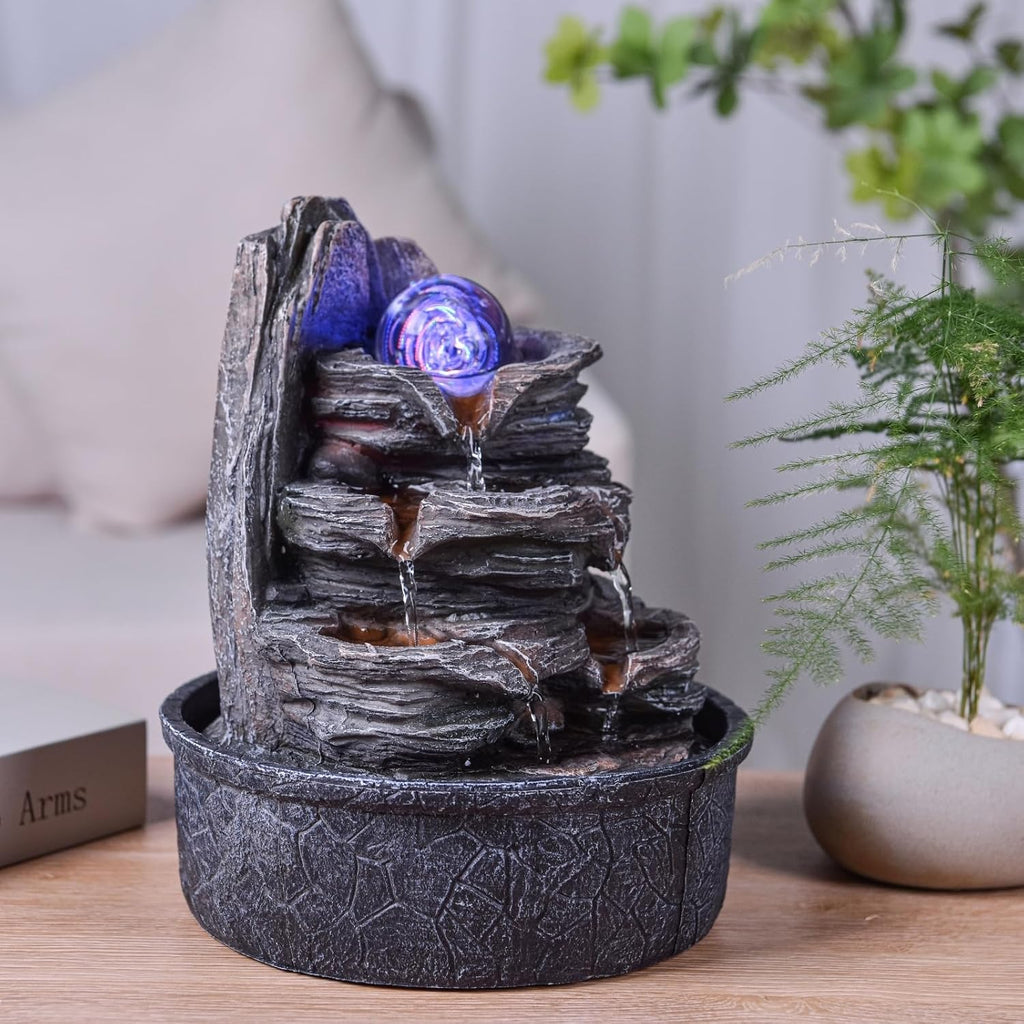 Luberon Zen'Light Indoor Fountain Waterfall Natural Stairs Stone Effect Colourful Light Gift Idea Interior Decoration in Motion Zen Table Fountain Relaxing Lucky Charm Object H 25 cm