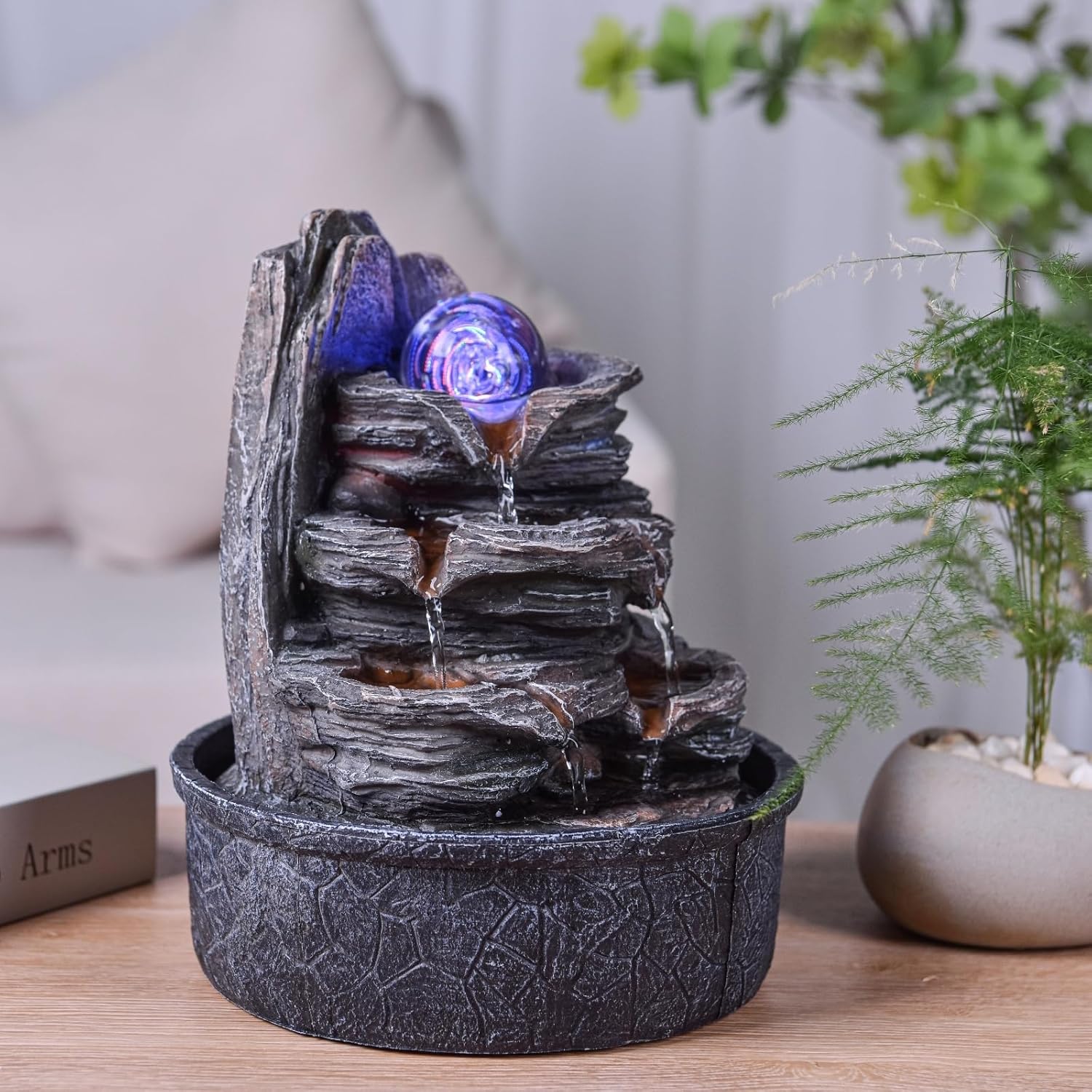 Luberon Zen'Light Indoor Fountain Waterfall Natural Stairs Stone Effect Colourful Light Gift Idea Interior Decoration in Motion Zen Table Fountain Relaxing Lucky Charm Object H 25 cm