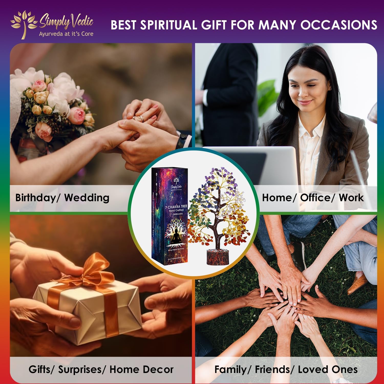 Simply Vedic 7 Chakra Kristallbaum des Lebens| für Positive Energie, Glück, Chakra-Aktivierung| Natürlicher Heiledelstein-Geldbaum Feng Shui, spirituelles Geschenk, Heimdekoration