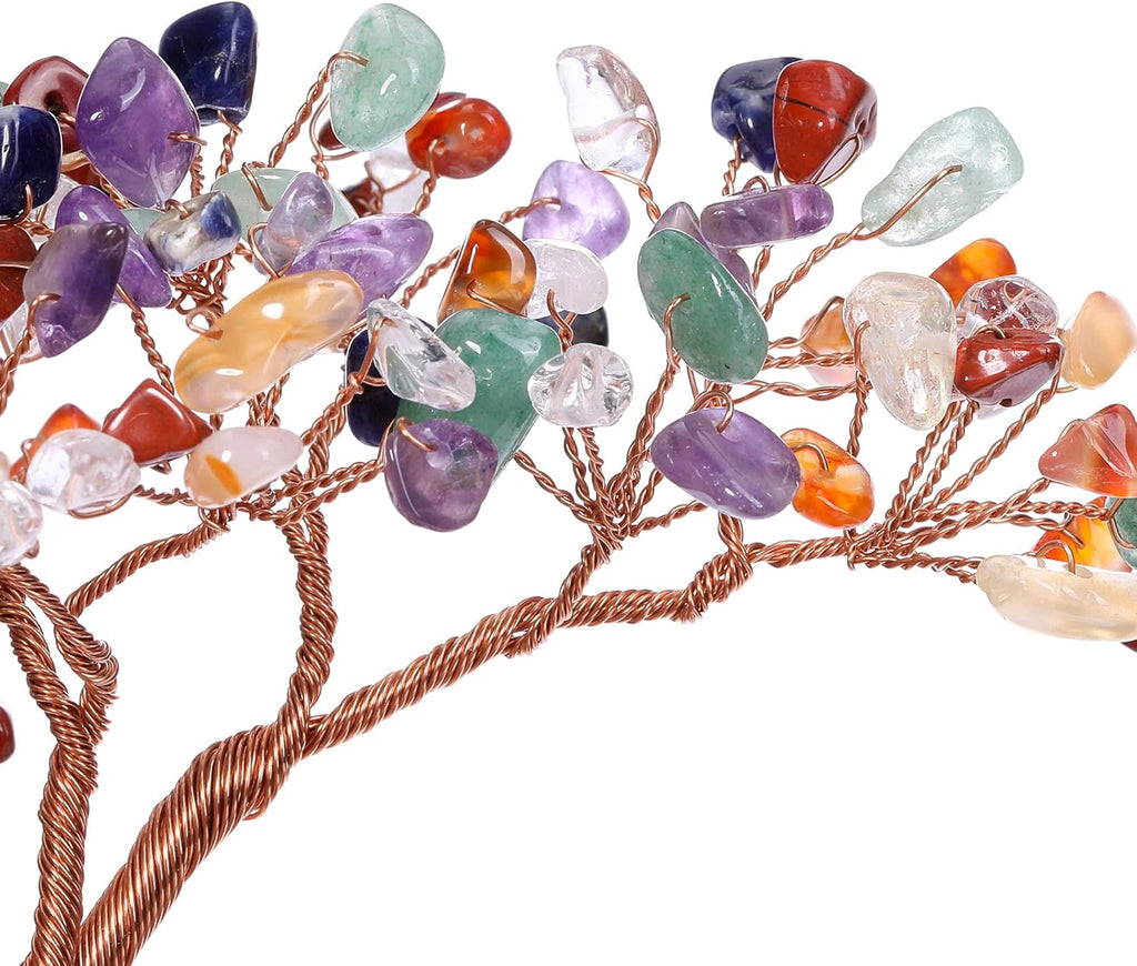 GEHECRST Feng Shui Geldbaum Buddha Figur Lebensbaum Deko mit Achat Basis Heilstein Glücksbringer Baum Trommelsteine Glückbaum Dekoration für Reichtum Glück Gesundheit (7 Chakra)