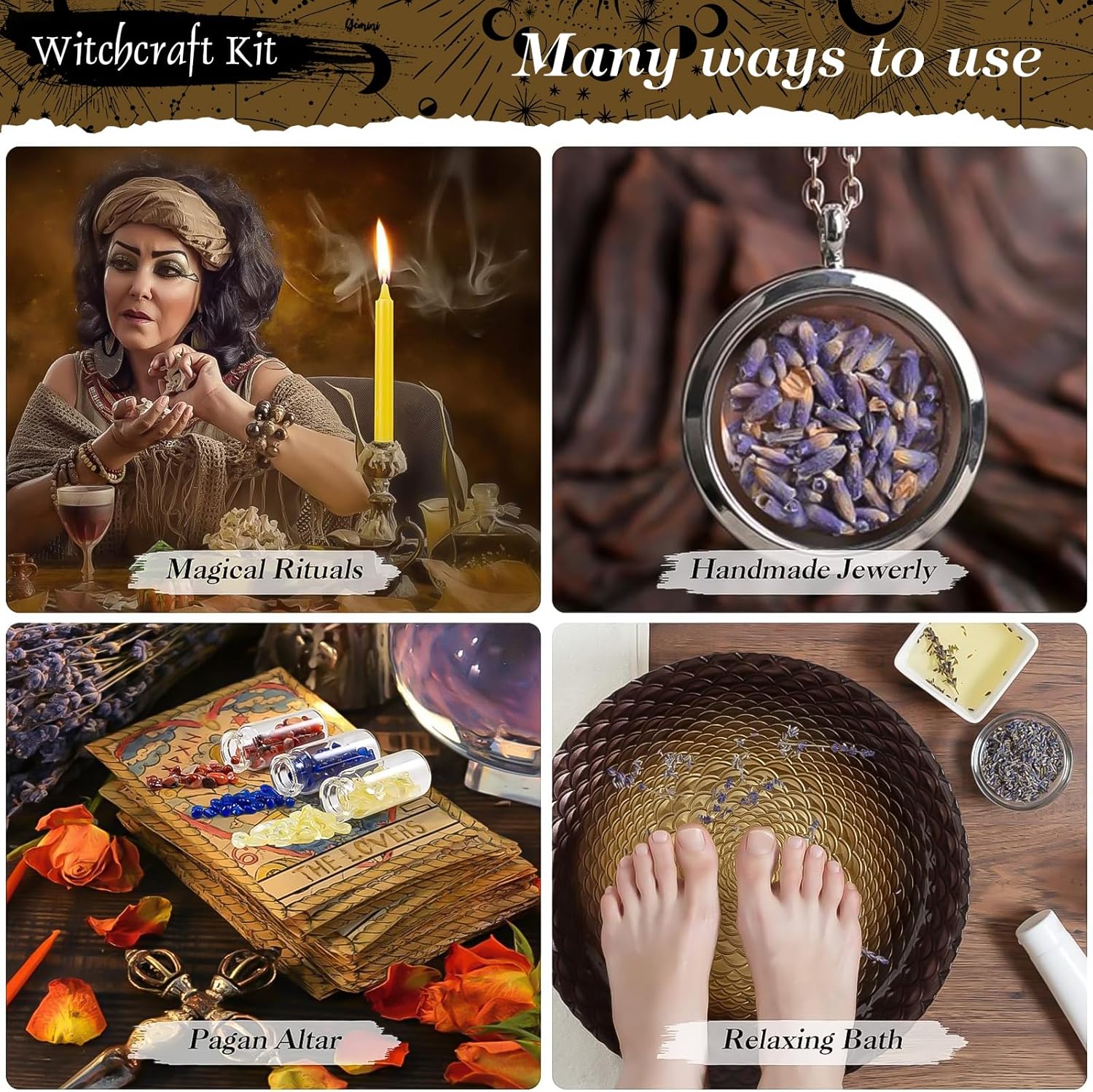 VIPNAJI Starter Witch Kit 64 Pieces Witchcraft Kit, Candles Small, Dried Flowers, Crystals, Measuring Spoons, Parchment Paper, Tumbled Gemstone Crystal Chips for Chimes, Magic, Witchcraft, Wish You