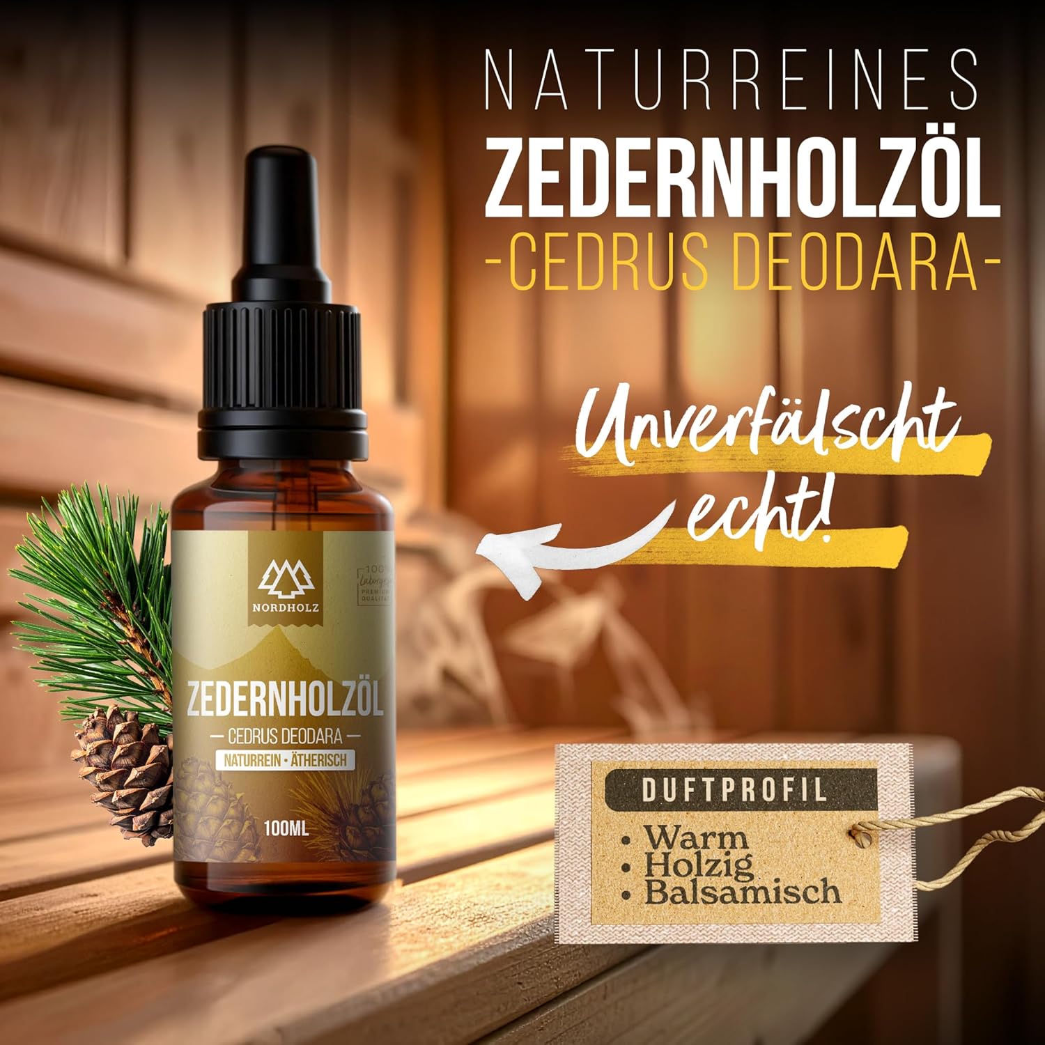 Cedarwood Oil [100% Natural] Woody & Warm - Pharmaceutical Quality Essential Cedar Oil from Gentle Distillation - Laboratory Tested - For Sauna, Diffuser & Aromatherapy