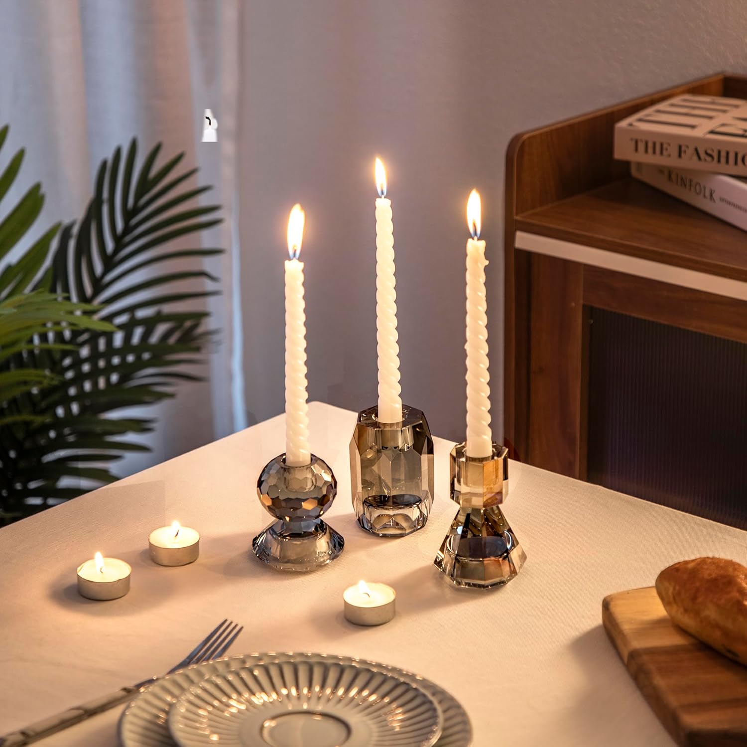 WELTRXE Kristall Kerzenhalter, 3er Set transparente Teelichthalter für Stabkerzen und Teelichter, 2-in-1-Design-Kerzenhalter aus Kristall für Tischdekorationen, Hochzeiten, Party (Grau)