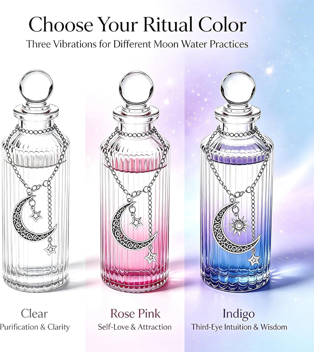 2PC Moon Water Bottle Set Glass Apothecary Jar with Lid & 2 Moon Chains for Spell & Potion Crafting Meditation Intention Setting Witchcraft Supplies (Indigo Third-Eye Intuition (2PC))