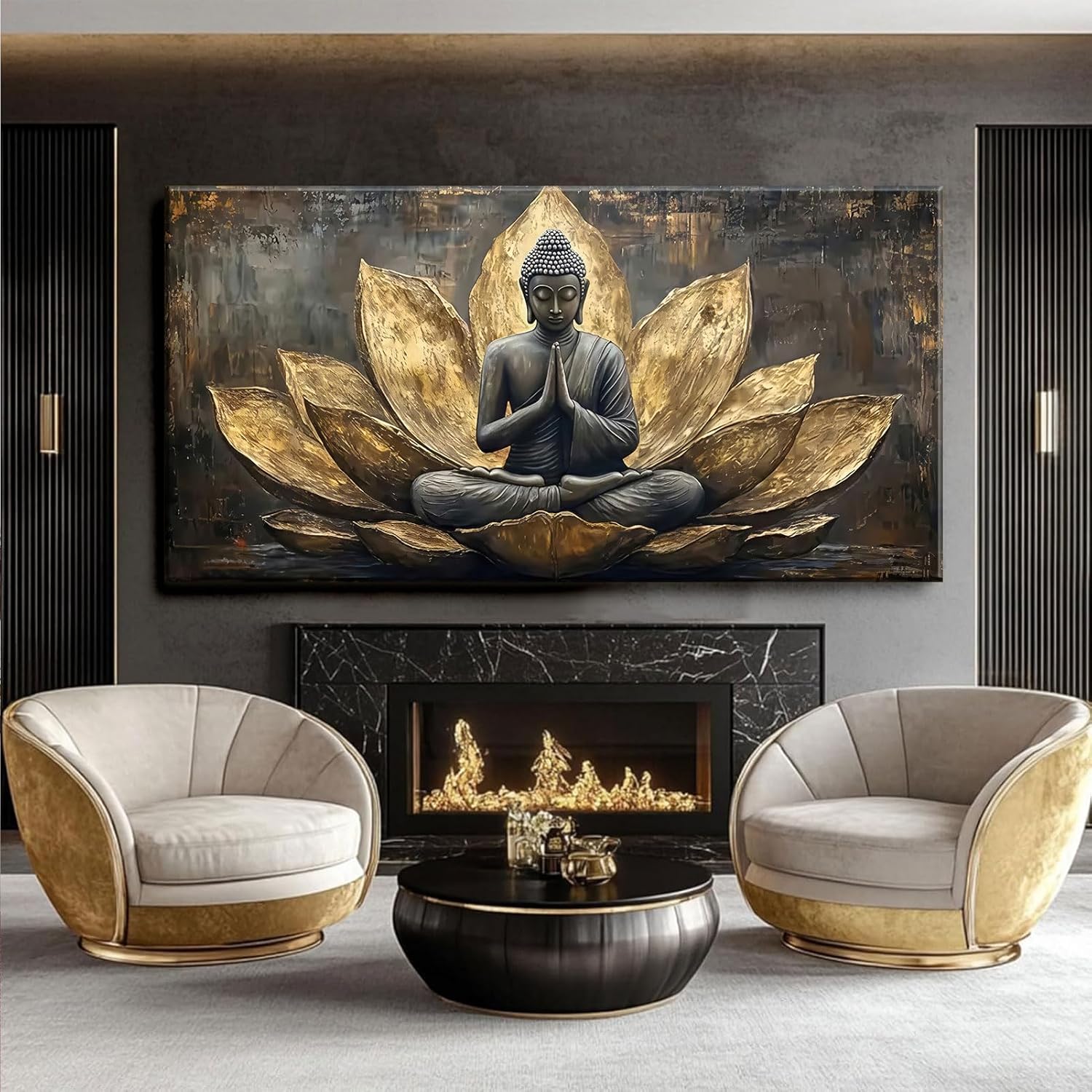 Large Buddha Lotus Canvas Wall Art Abstract Gold and Grey Zen Buddhism Decor painting Pictures Modern Serene Meditation Posters Prints for living room Bedroom Office Hallway Home Decoration