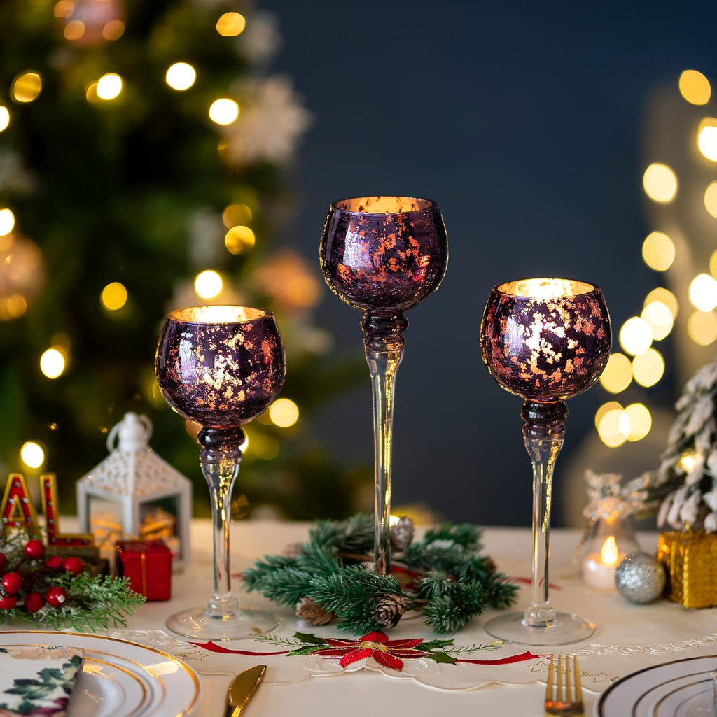 Teelichthalter Glas Teelicht Kerzenhalter - 3 Stück Quecksilberglas Kerzenständer für Tischdekoration Violett Teelichtgläser für Säule und Schwimmende Kerzen Weihnachts Wohnzimmer Deko