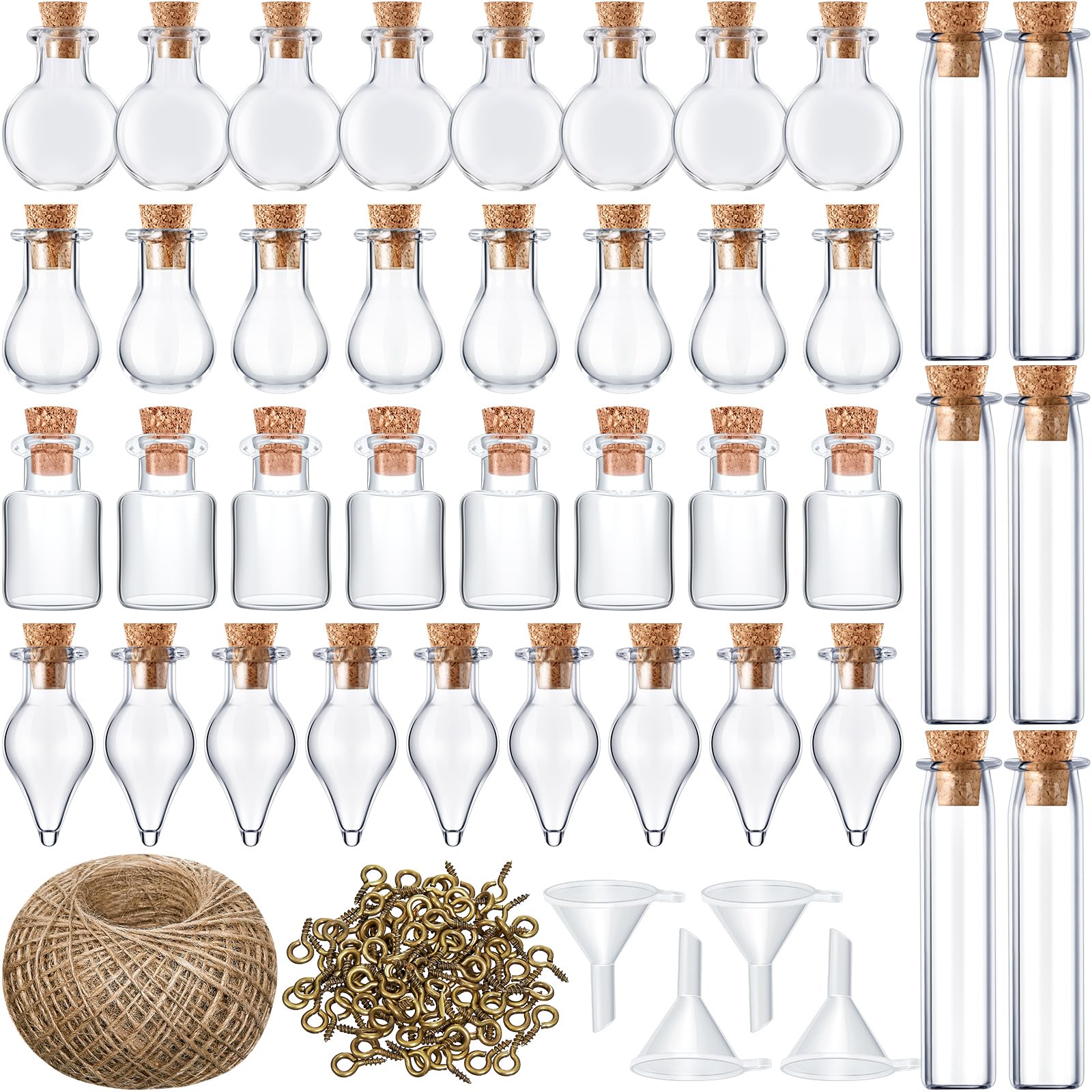 Geiserailie 50 Pcs Mini Glass Jars with Cork Stoppers,Style A,Transparent | With Eye Screws Funnel Jute Twine, 4 Shapes for Spell Jars Wishing Bottles Witchcraft DIY Crafts Party Decor Jewelry Making