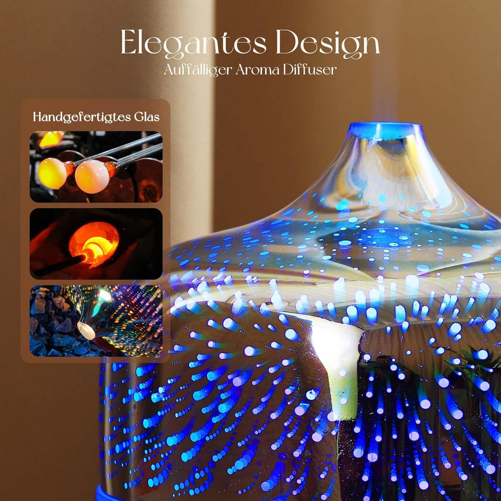 Porseme Aroma Diffuser 500ml, Handgeblasen 3D Glas Luftbefeuchter, Ultraschall Aromatherapie Öle Diffusor mit 7 farbigem LED Licht,Diffusor für Ätherische Öle Letzte 15-21 Stunden,BPA Frei für Wohnung