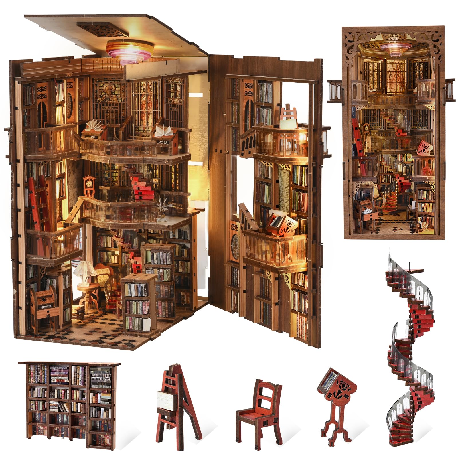 Book Nook Kit, DIY Miniatur Puppenhaus Booknook Kit, 3D Wooden Puzzle Bookend Bookshelf Insert Decor mit LED-Licht und Staubschutzhülle für Jugendliche und Erwachsene (Beyond Library)