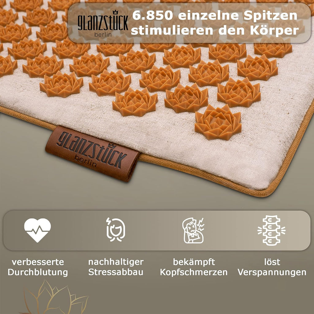 Glanzstück Berlin® Health Collection: XL Akupressurmatte Set ORIGINAL aus Leinen, Hilfe bei Verspannungen, Rückenschmerzen, Massagematte mit Kissen (Wärmefunktion) & Tasche, nachhaltig