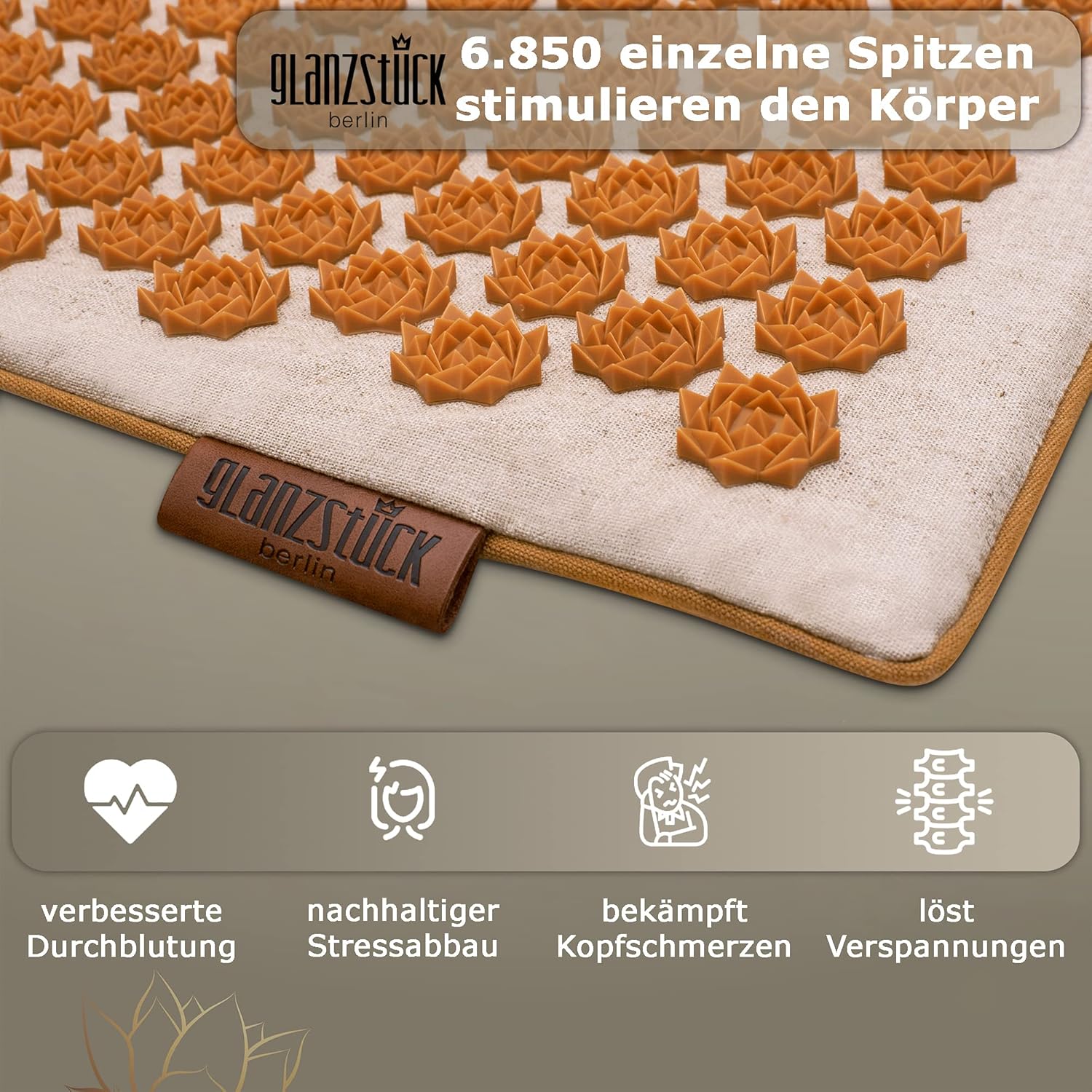Glanzstück Berlin® Health Collection: XL Akupressurmatte Set ORIGINAL aus Leinen, Hilfe bei Verspannungen, Rückenschmerzen, Massagematte mit Kissen (Wärmefunktion) & Tasche, nachhaltig