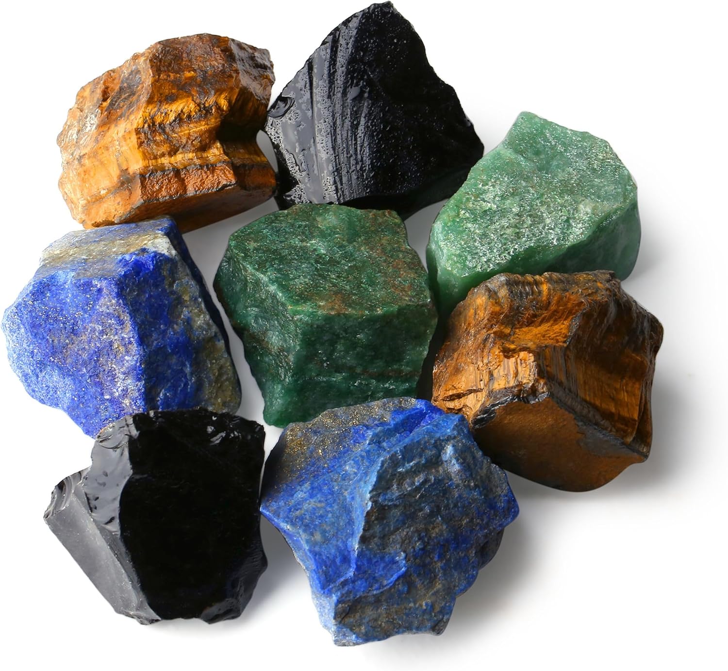 QINJIEJIE 100% Großes Grün Aventurin und Tigerauge Premium Wassersteine Grundmischung Steine 4 Stück Natursteine Heilsteine set Naturbelassene Kristalle Rohsteine 2"