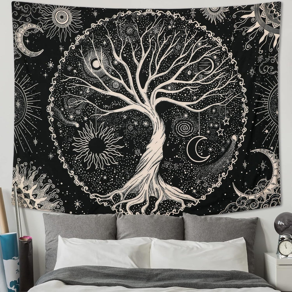 Betylifoy Baum des Lebens Tapisserie Mond und Sonne Schwarzer Wandbehang Tapisserie Psychedelisches Mandala Sternenhimmel Wandteppich Hippie Tapisserie für Schlafzimmer (148x200cm)