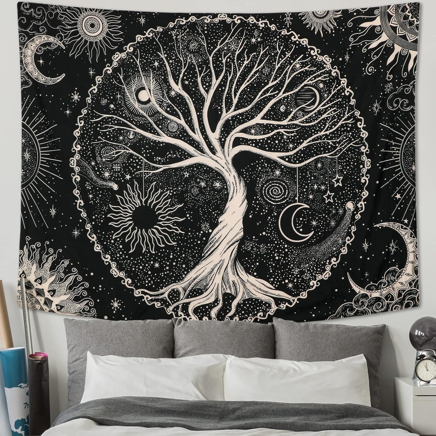 Betylifoy Baum des Lebens Tapisserie Mond und Sonne Schwarzer Wandbehang Tapisserie Psychedelisches Mandala Sternenhimmel Wandteppich Hippie Tapisserie für Schlafzimmer (148x200cm)