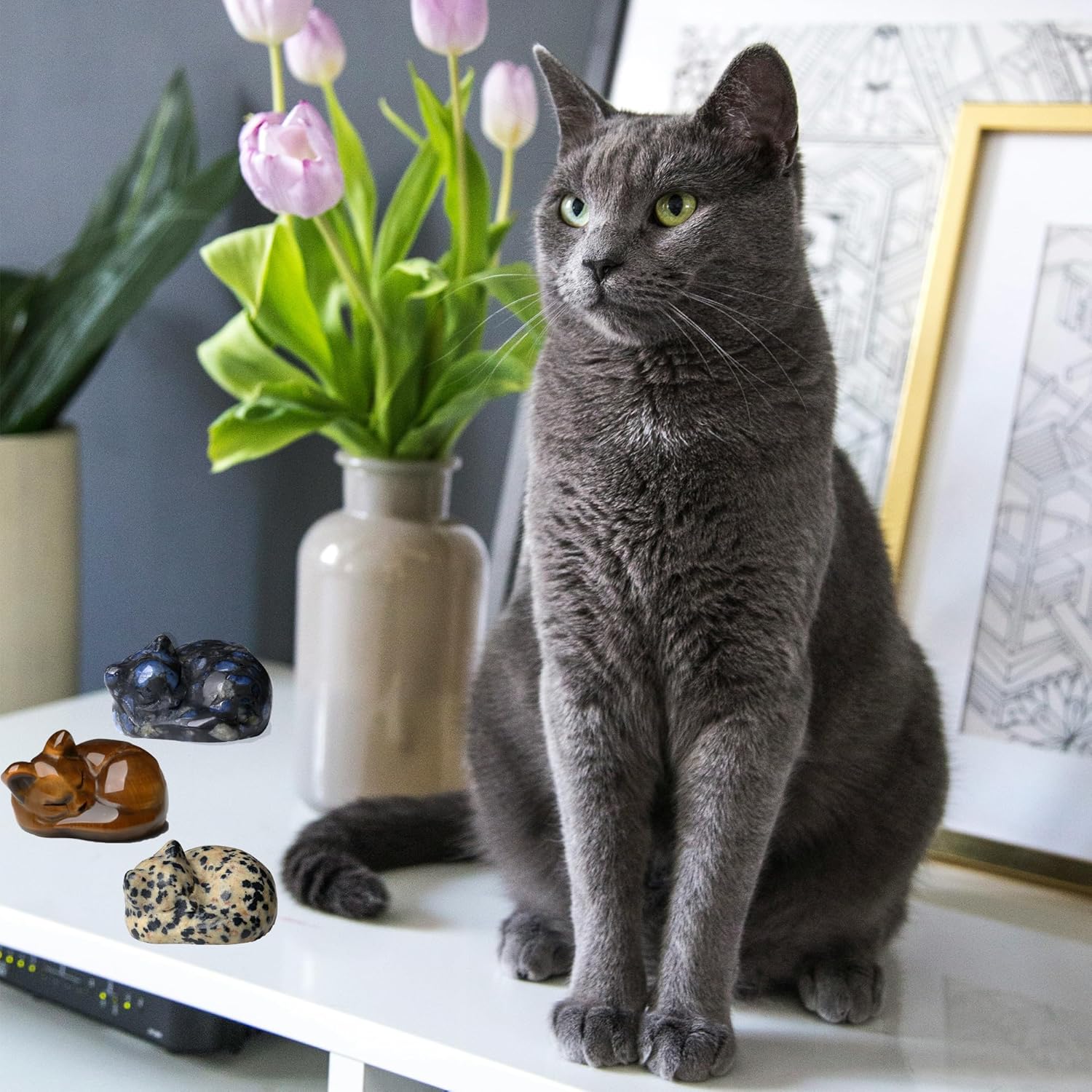 QINJIEJIE Dalmatian Jasper Cat Crystals Figurine Sleeping Cat Figure Statue Gemstones Sculpture Lucky Kitten Cute Decoration Men Women