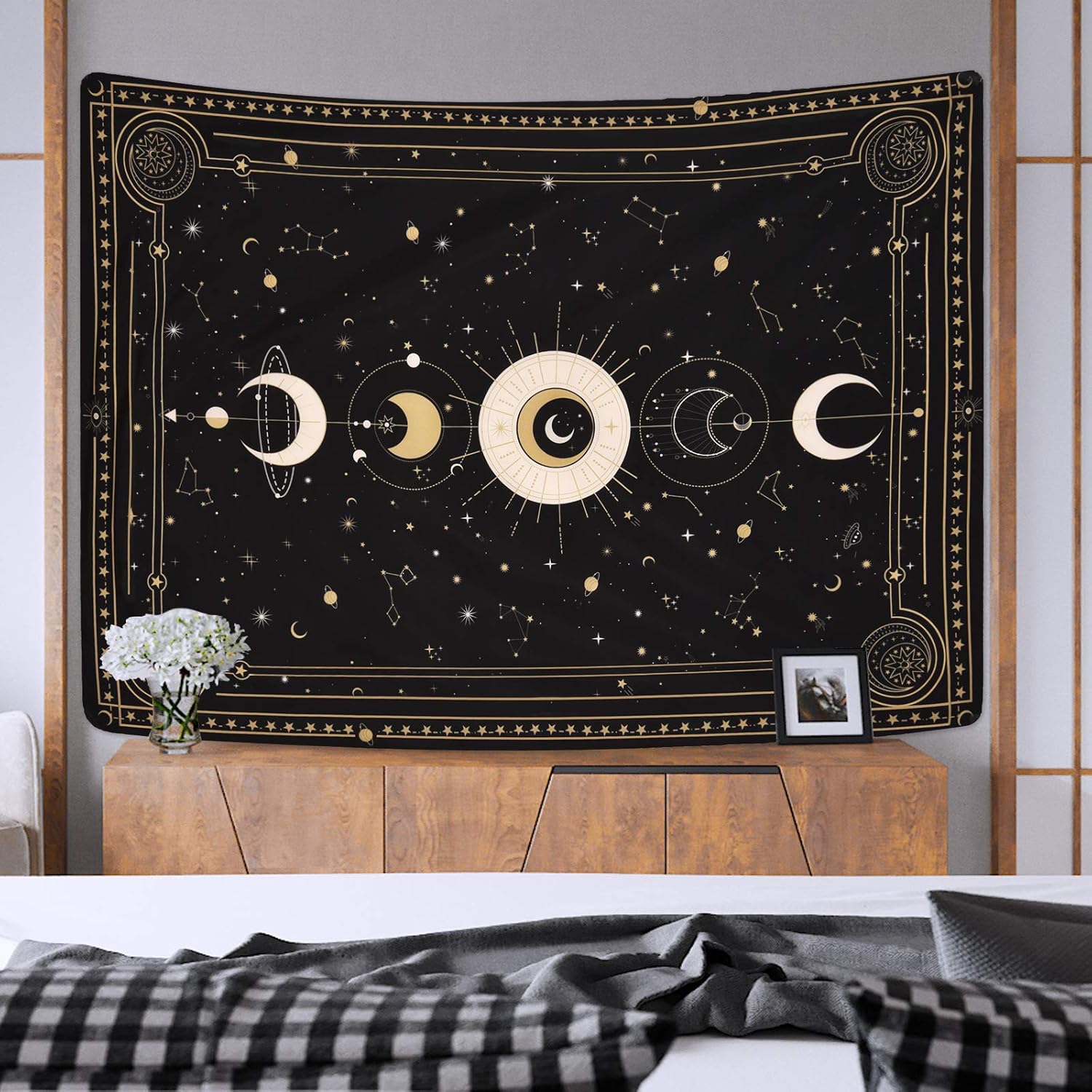 Yugarlibi Mondphasen Wandteppich Mysteriöser Konstellation Sternenhimmel Tarotkarten Wandbehang Ästhetische Retro Astrologie Wandkunst für Schlafzimmer Wohnzimmer Schwarz 150x130cm