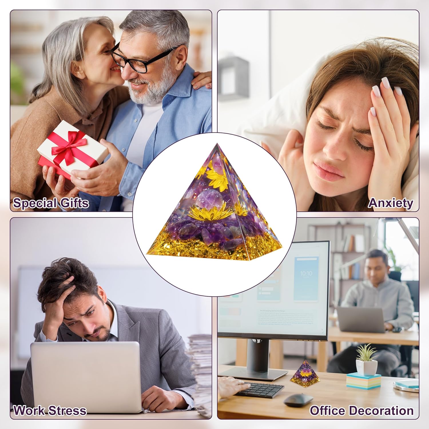 Hejo Pyramide Kristall, Amethyst Energiekristall Orgonit Pyramide, Blume des Lebens Kristall Orgonit Pyramiden, Heilung Kristall Geschenke, Natur Reiki Kristalle für Heilung Chakra Meditation