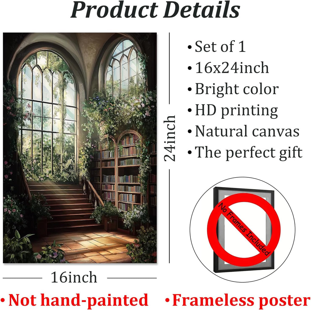 Gothic Library Wall Art Dark Academia Books Posters Moody Botanical Wildflower Wall Art Retro Green Paintings Victorian Library Prints Aesthetic Bookish Pictures for Bookstore Decor 16x24in No Frame