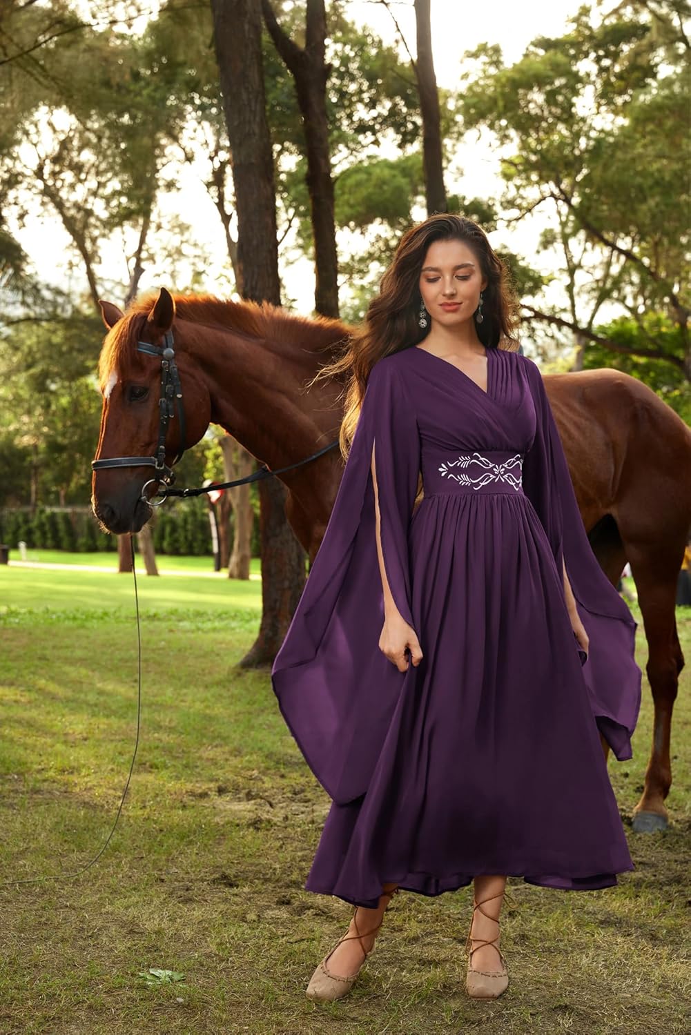 Scarlet Darkness Women's Renaissance Costume Wrap V Neck Medieval Dress Split Bell Sleeve Embroidery Fairy Dresses