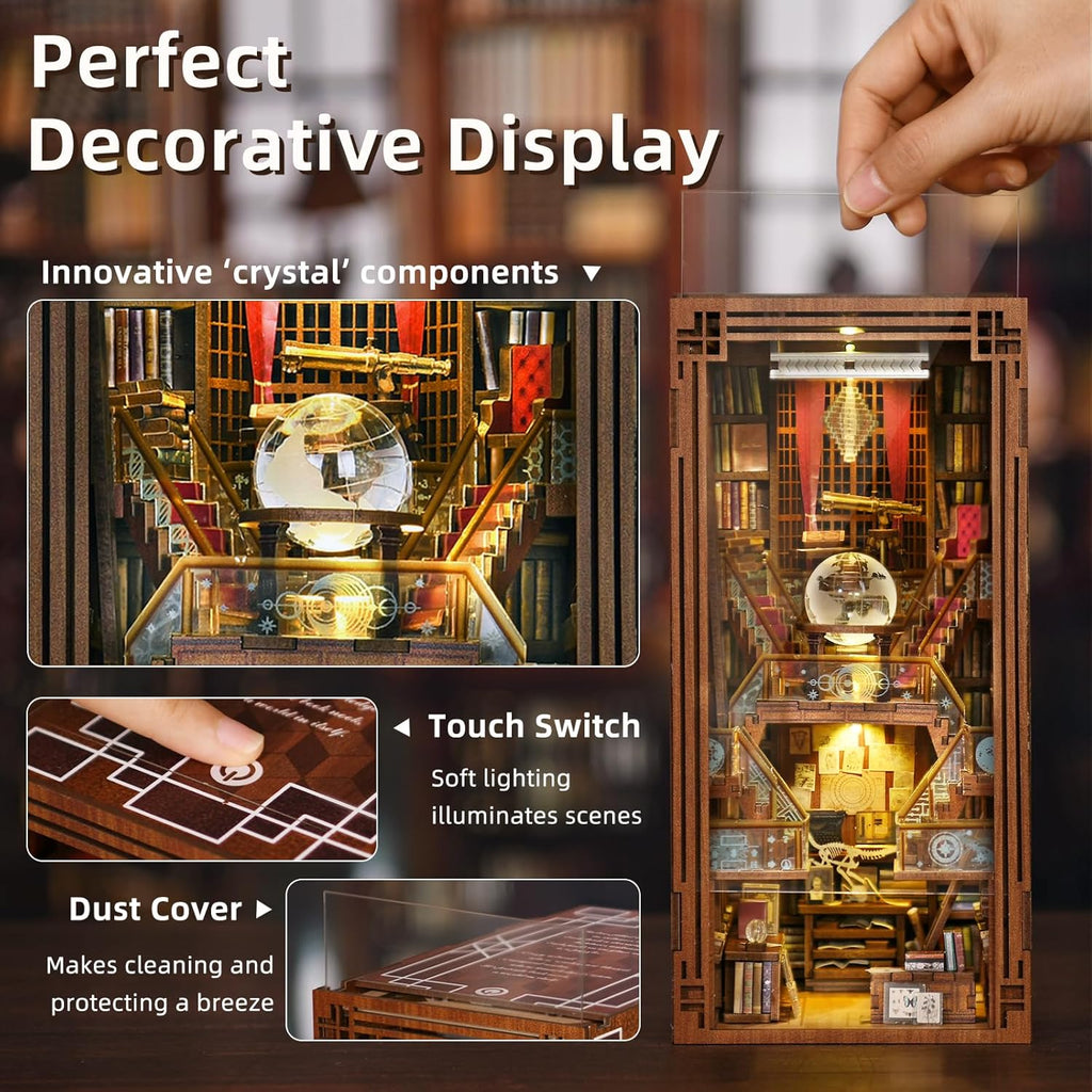 Book Nook Kit, DIY Miniatur Puppenhaus Booknook Kit, 3D Wooden Puzzle Bookend Bookshelf Insert Decor mit LED-Licht und Staubschutzhülle für Jugendliche und Erwachsene (Beyond Library)