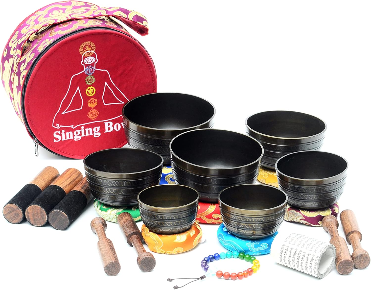 THE NEPAL Klangschalen-Sets von 7 Handgefertigte tibetische Chakra-Heilklangschale für Meditation, Klang, Frieden, Achtsamkeit, Yoga, sieben Chakra-Schalen