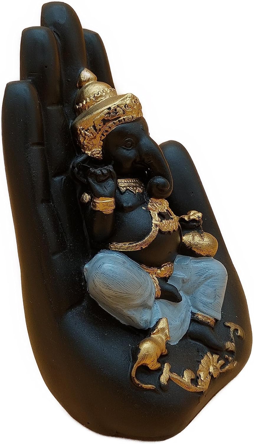Hand Palm Glücksgott Ganesha Statue Marmor Harz schwarz Gold 17x9,5x6,5 cm | Dekoration Spiritualität Glück Harmonie