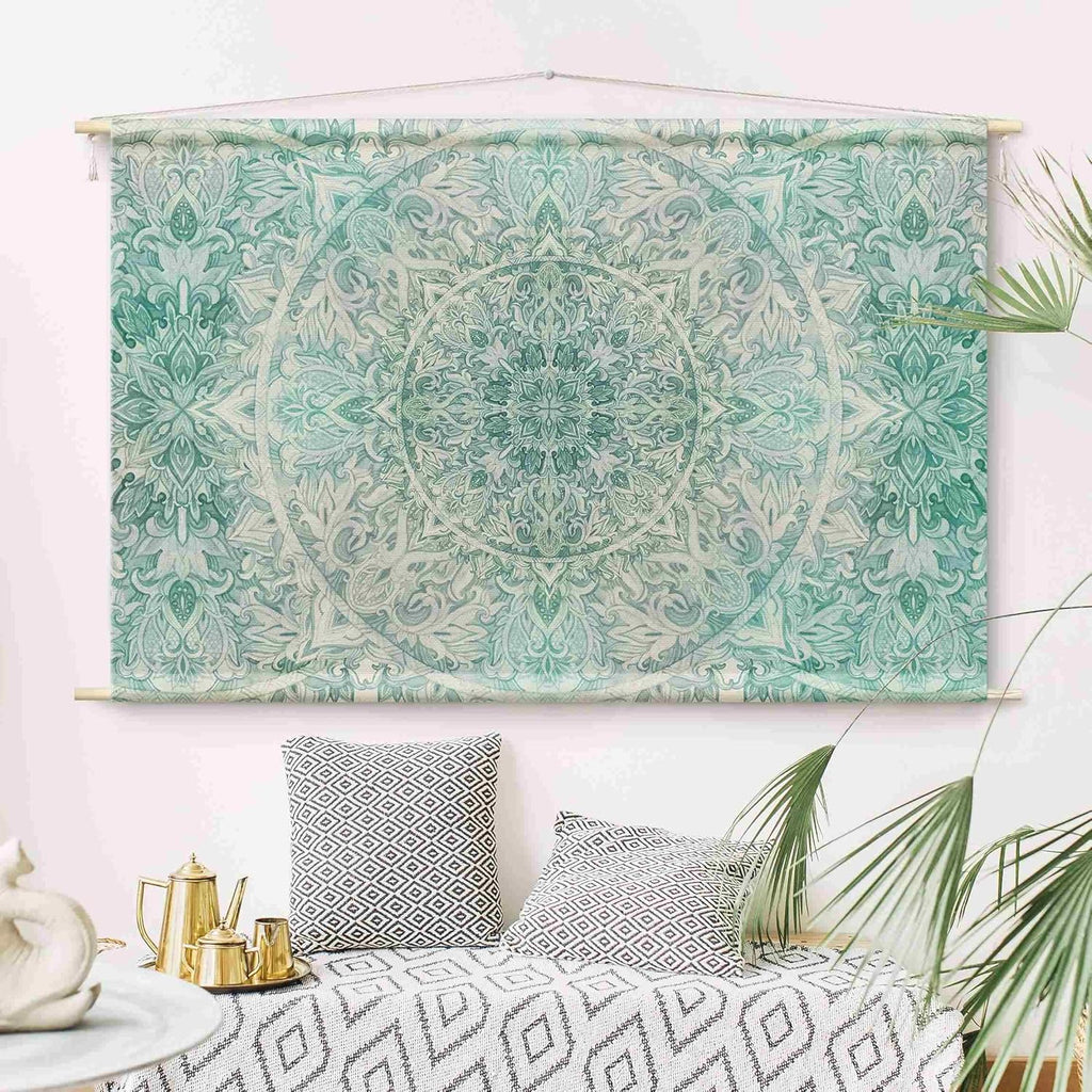 micasia Wandteppich Spirituell Stoffbild inkl. Holzstäbe & Seile Wanddeko - Made in Germany - Mandala Aquarell türkis Wohnzimmer Schlafzimmer Wandbehang 1593 (90x60cm)
