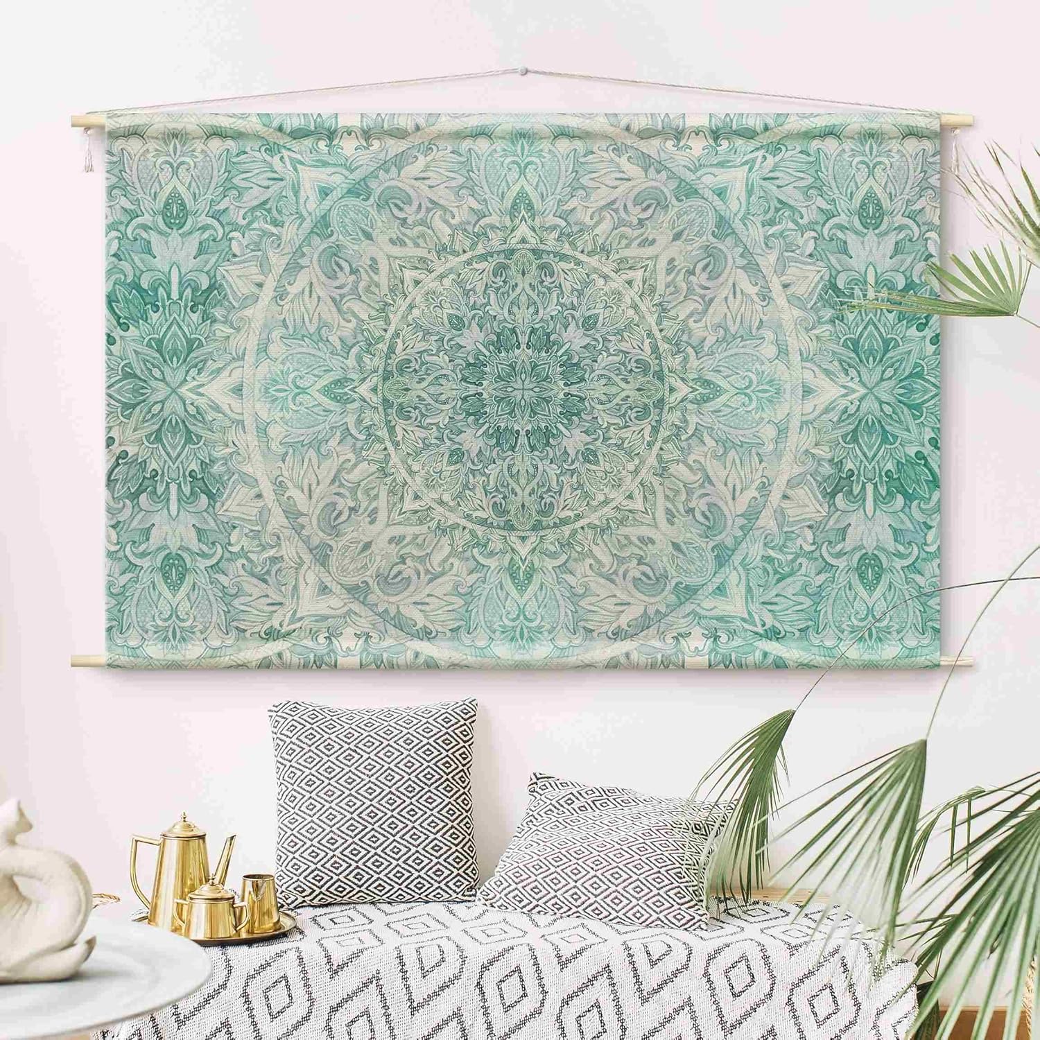 micasia Wandteppich Spirituell Stoffbild inkl. Holzstäbe & Seile Wanddeko - Made in Germany - Mandala Aquarell türkis Wohnzimmer Schlafzimmer Wandbehang 1593 (90x60cm)