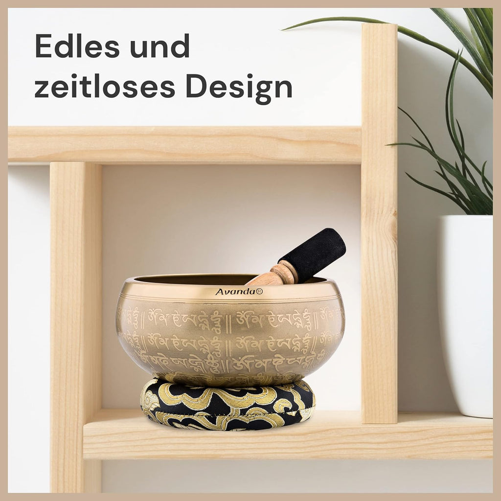 Tibetisches Klangschale-Set Om für Yoga, Meditation und Entspannung - handbemalte Tibetische Klangschale Ø 16 cm, Doppel-Schlägel mit Filz und Leder, Ring-Kissen, Beutel und Anleitung