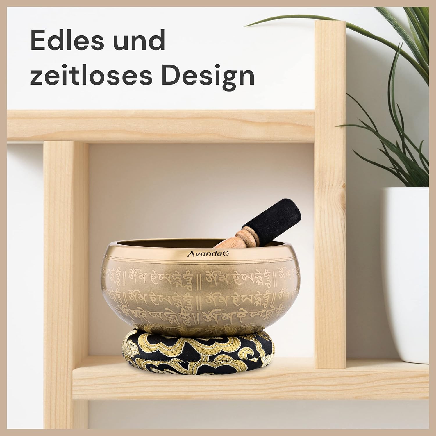 Tibetisches Klangschale-Set Om für Yoga, Meditation und Entspannung - handbemalte Tibetische Klangschale Ø 16 cm, Doppel-Schlägel mit Filz und Leder, Ring-Kissen, Beutel und Anleitung