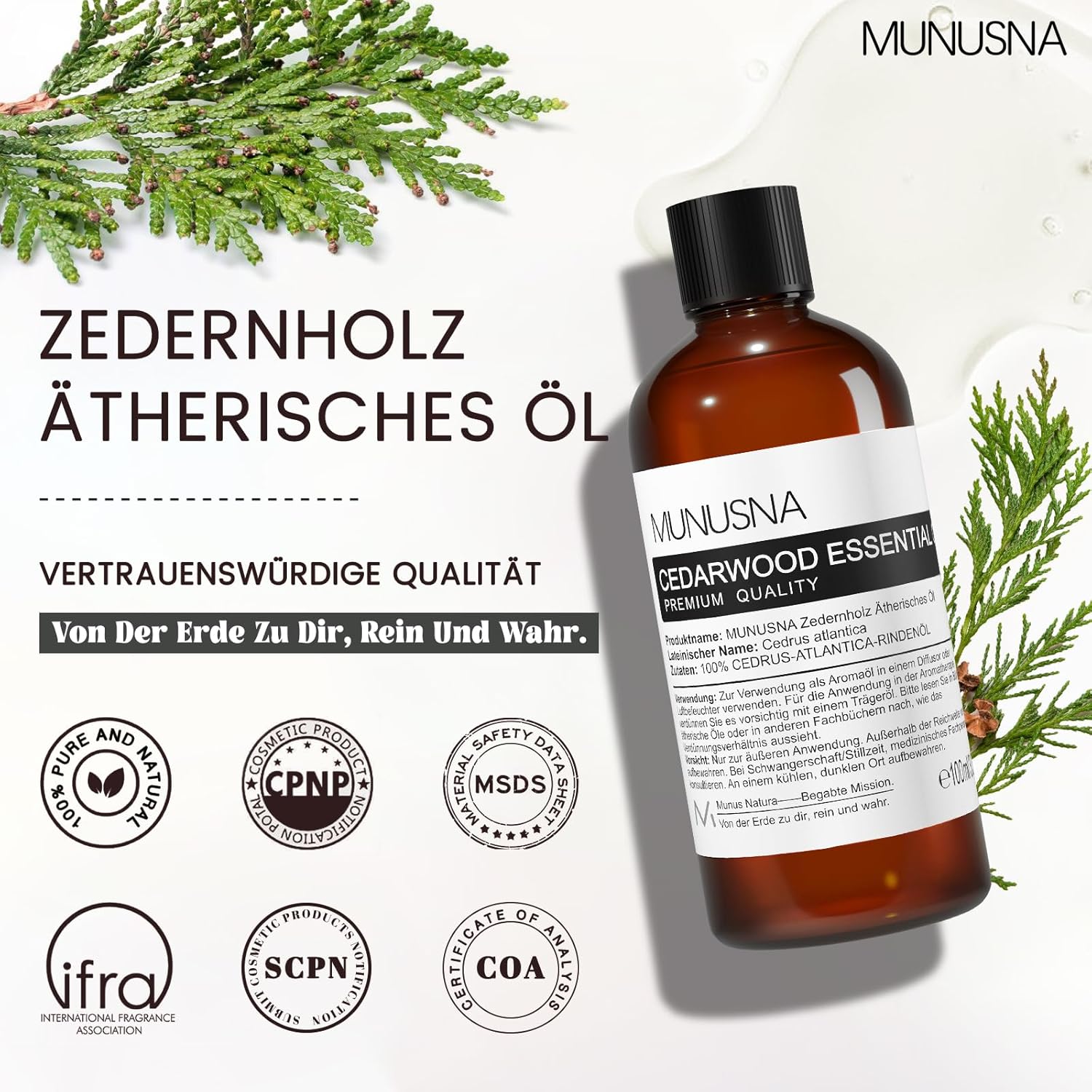 Zedernholzöl 100ML, MUNUSNA Ätherisches Öl Zedernholz Reines Natürlichs, Ätherische Öle Zeder für Glattes Haar, Duftöl Zedernöl für Diffuser, Seife, Kerzen, Cedarwood Oil