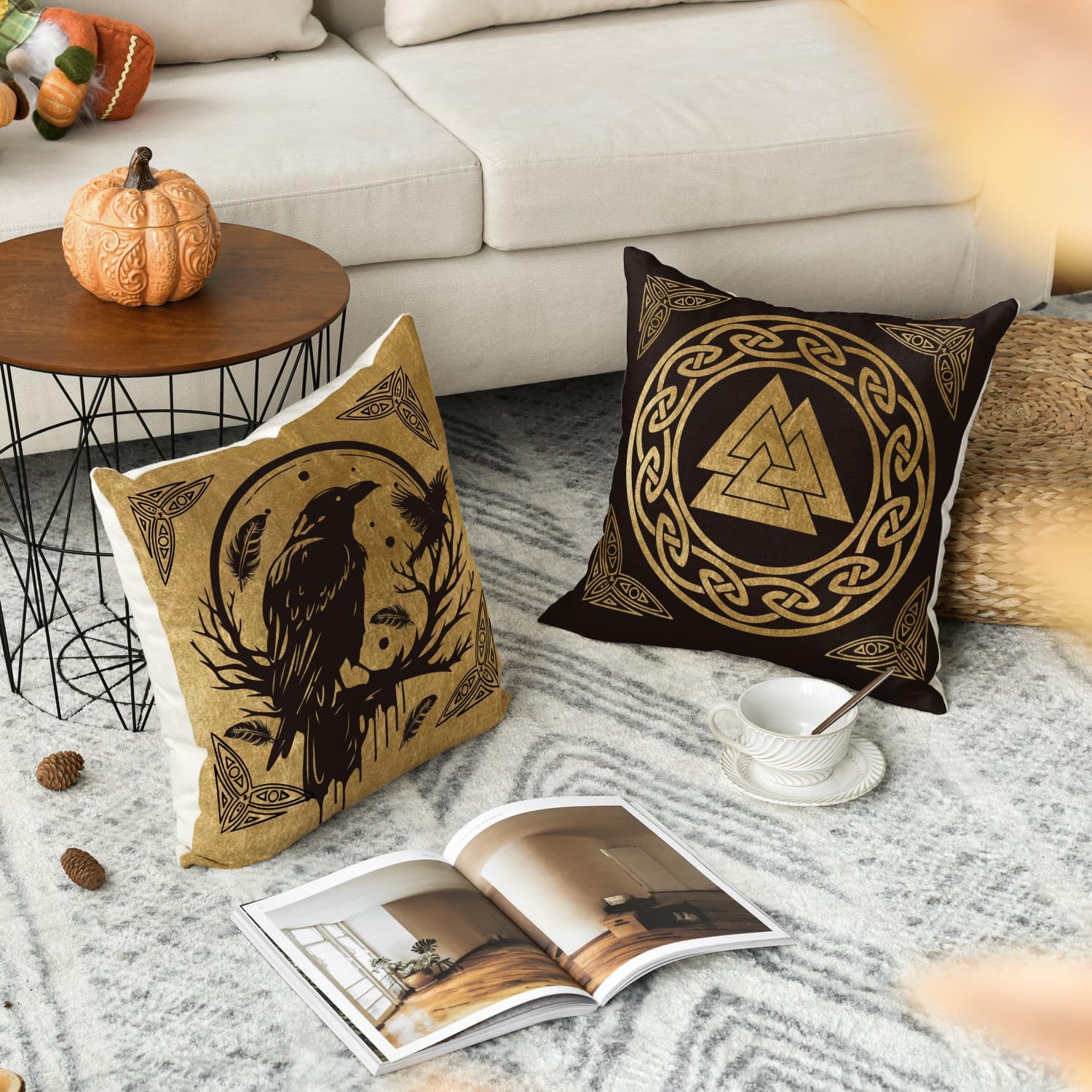Artoid Mode Gold Wikinger Futhark Runen Odin Baum des Lebens Kissenbezüge 4er Set, 40x40cm Wolf Rabe Cushion Cover Couch Wohnzimmer Deko