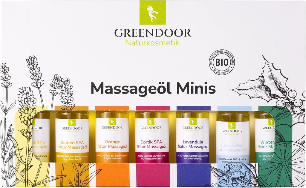 GREENDOOR Massageöl TESTER Set 175ml / 7 x 25ml veganes Massage Öl Sortiment Minis, 100% Natur, natürliches bestes Massage-Erlebnis, reine Naturkosmetik BIO Öle, Weihnachten Geschenke Probierset