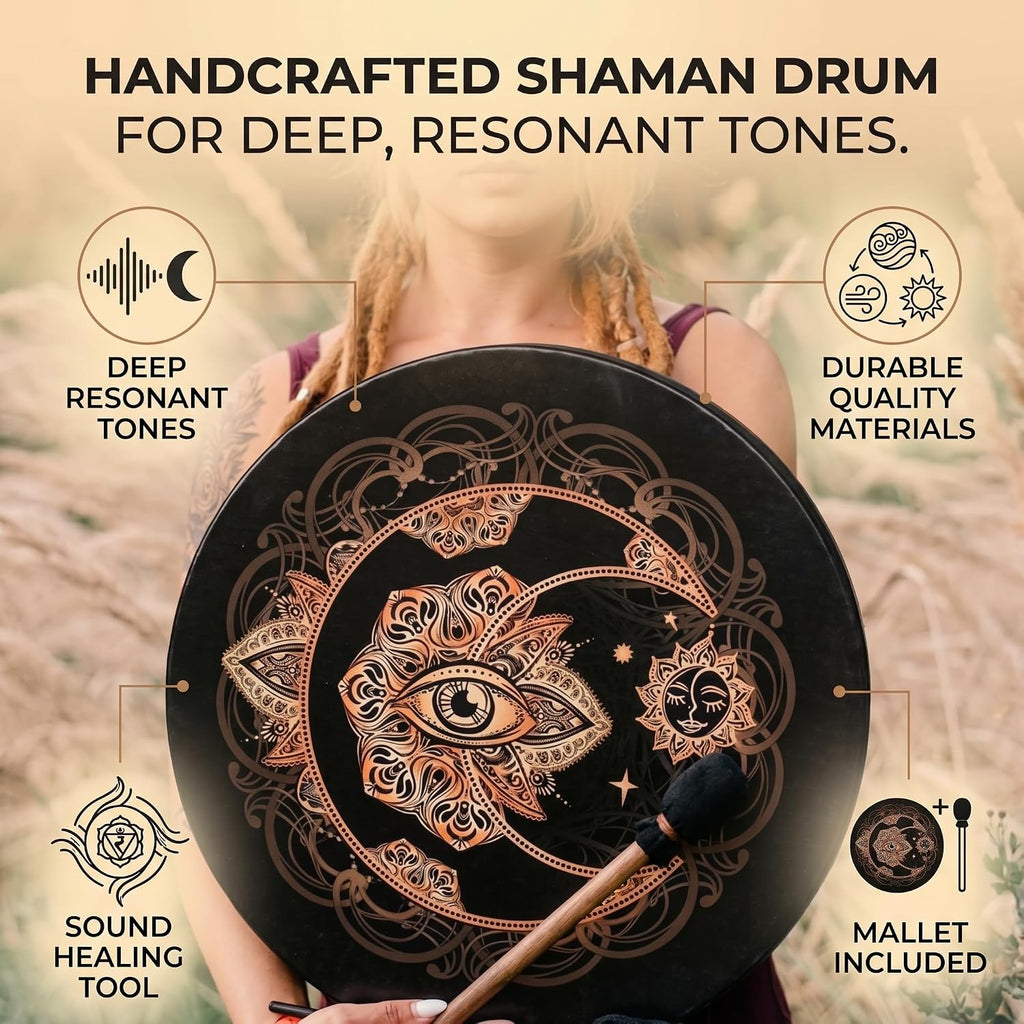 Alomejor Shaman Drum with Mallet, Handcrafted, Polyester and Wood, 9.8 Inch, for Meditation, Chakra Balancing, Sound Healing