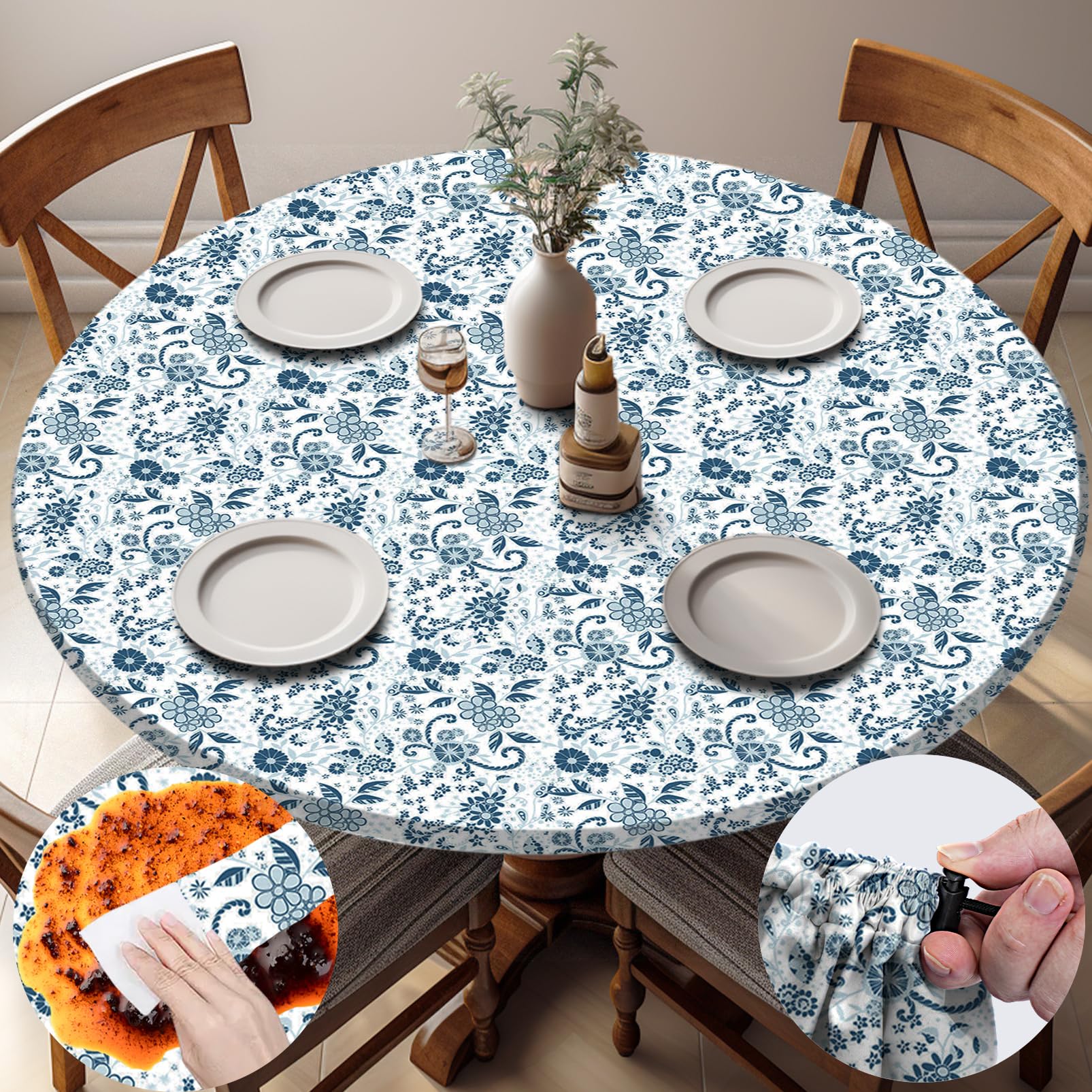 opstellen Fitted Round Tablecloth Waterproof Table Cloth Vinyl Indoor Outdoor Circle Cover for 36-44" Tables Dining Kitchen Apartment Home Party Gear Gifts Summer Fall Patio Picnic Camping Essentials