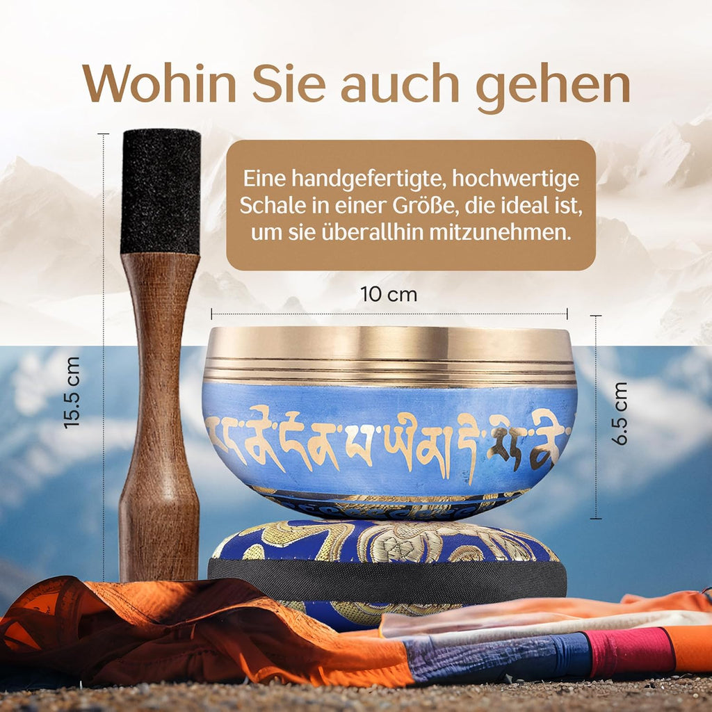 Silent Mind tibetische Klangschale Set ~ Blaue Design ~ mit hochwertigem Holz Klöppel und Himalaya Kissen ~ perfektes zur Yoga Meditation, Entspannung und Achtsamkeit ~ das ideale Geschenkset