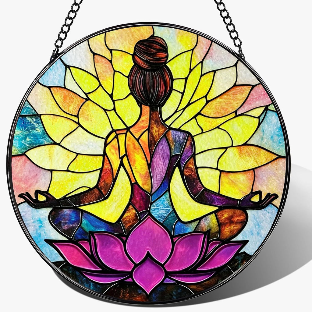 Stained Glass Window Hanging, 7.8 Inch Yoga Stained Glass Suncatcher, Boho Window Hanging Decor, Yoga Decor, Spiritual Healing Gift, Great Gift Ideas, Gifts for Women, Gifts for Christmas & Holiday