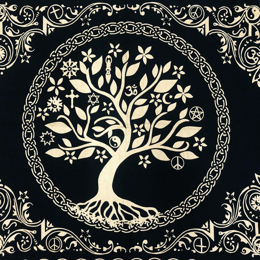 THE ART BOX Altar Cloth Tarot Cards Napkins Witchcraft Accessories Black Gold Tablecloth Square Spiritual Heavenly Cloth with Fringes, Tree of Life, 18 x 18 Inches