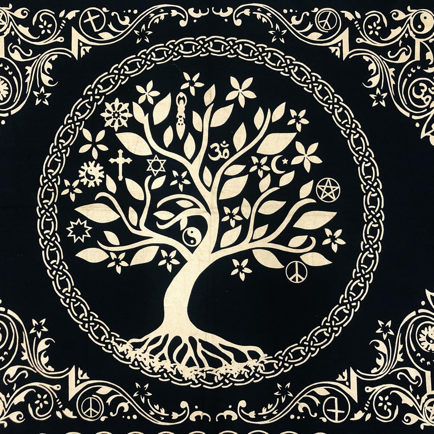 THE ART BOX Altar Cloth Tarot Cards Napkins Witchcraft Accessories Black Gold Tablecloth Square Spiritual Heavenly Cloth with Fringes, Tree of Life, 18 x 18 Inches