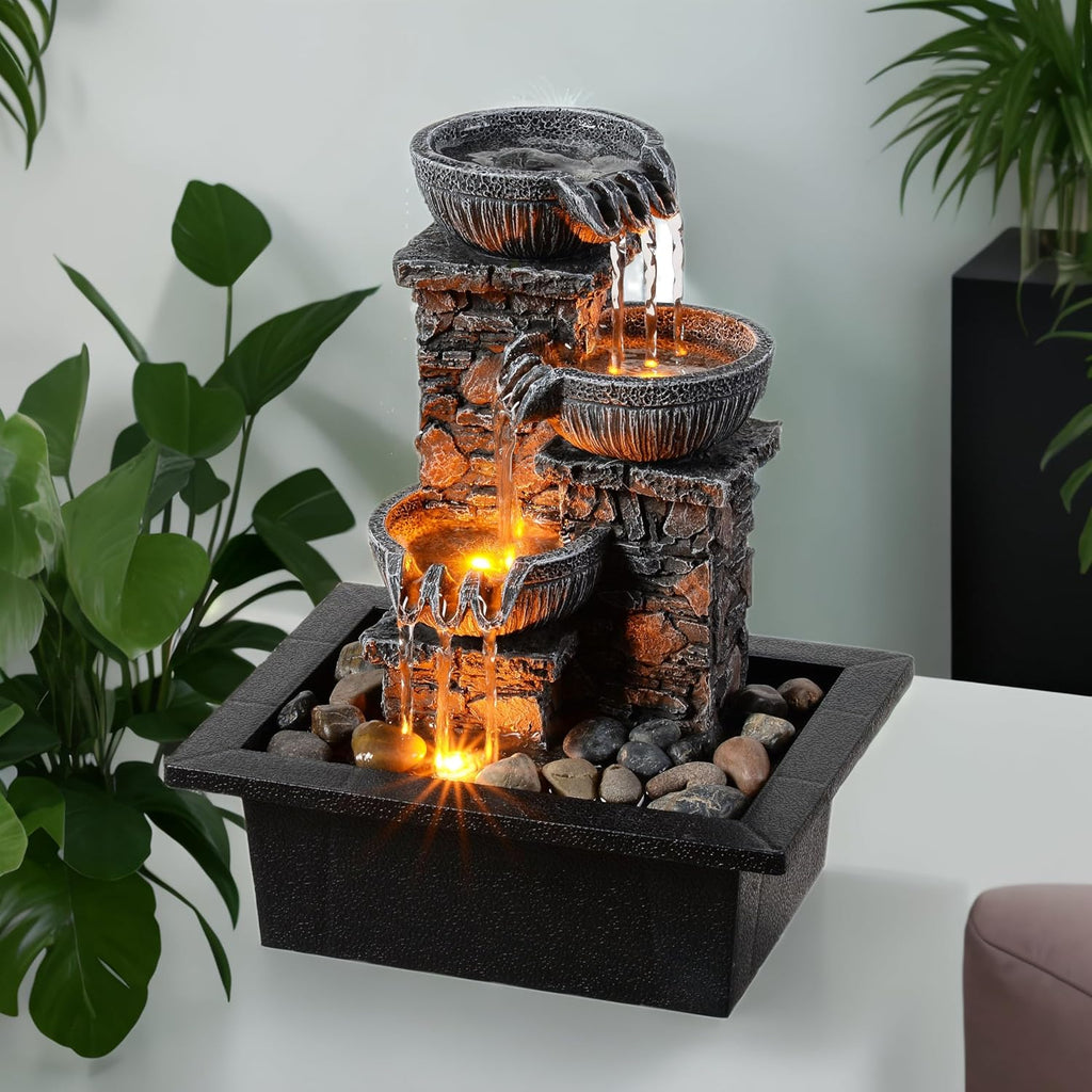Kalona Tabletop Waterfall Fountain 3 Bowls with LED Light, Soothing Water Flow Sound, Zen Meditation Decor for Home and Office, Relaxation Water Fountains Indoor (23113)
